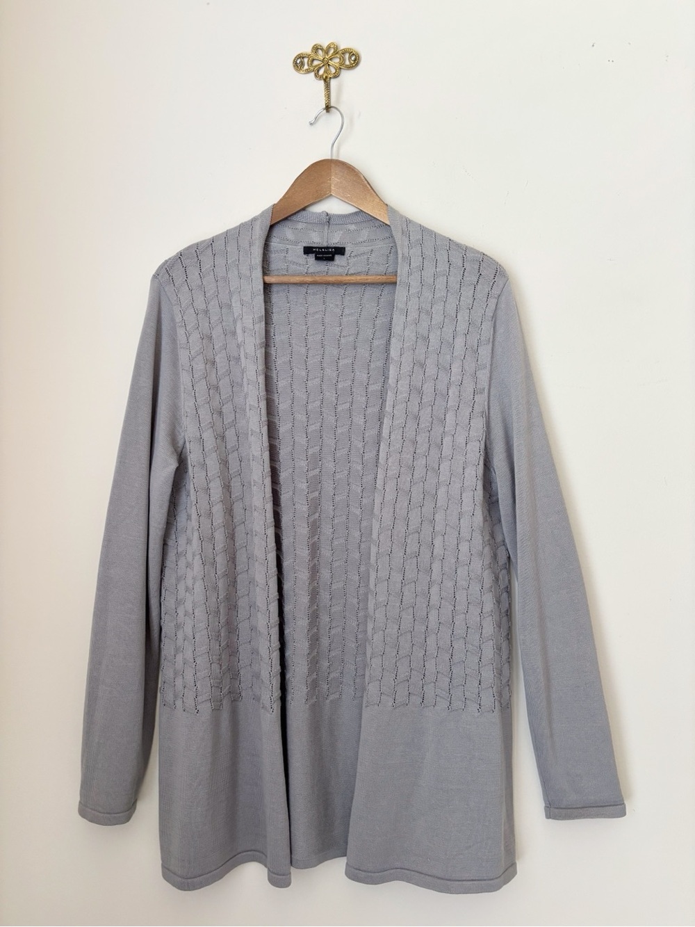 Mel & Lisa Grey Pointelle Textured Silk Blend Cardigan Sweater Large Quiet Luxe
